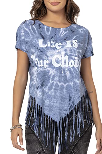 Cipo & Baxx Damen T-Shirt Batik Fransen Kurzarm Freizeitshirt Rundhals Baumwollle WT318 Blau XL von Cipo & Baxx
