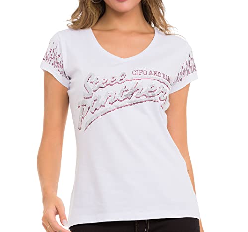 Cipo & Baxx Damen T-Shirt V-Ausschnitt Kurzarm Strassstein Freizeitshirt WT337 Weiß M von Cipo & Baxx