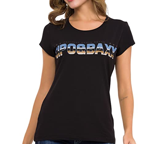 Cipo & Baxx Damen T-Shirt Brustprint Kurzarm Rundhals Strassstein Baumwolle WT366 Schwarz XL von Cipo & Baxx