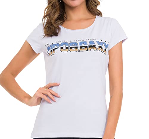Cipo & Baxx Damen T-Shirt Brustprint Kurzarm Rundhals Strassstein Baumwolle WT366 Weiß M von Cipo & Baxx