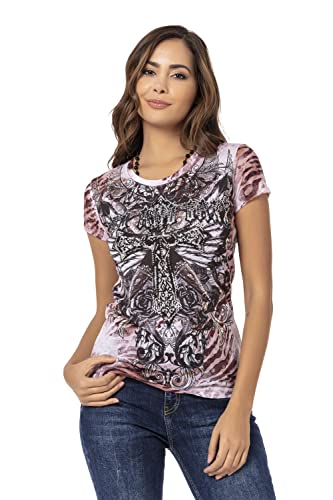 Cipo & Baxx Damen T-Shirt Kurzarm Alloverprint Rundhals Strasssteine Sommer Baumwolle Shirt WT329 Braun L von Cipo & Baxx