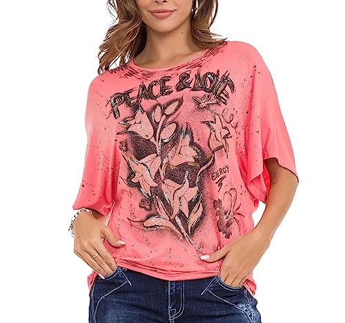 Cipo & Baxx Damen T-Shirt Rundhals Freizeit Shirt Kurzarm Baumwolle WT336 Salmon XL von Cipo & Baxx