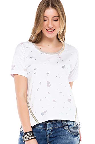 Cipo & Baxx Damen T-Shirt Splatter Look Schlitz Glitzer Streifen Baumwolle Rundhals Shirt WT246 Weiß M von Cipo & Baxx