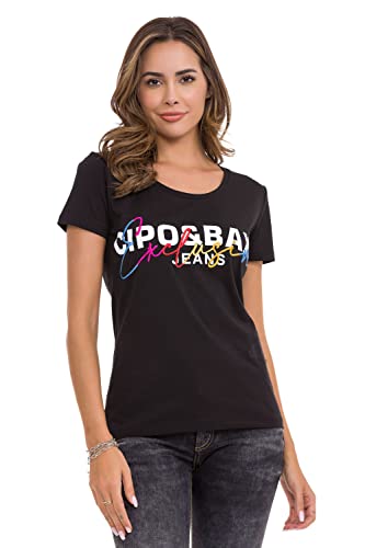 Cipo & Baxx Damen T-Shirt Stickerei Tops Shirt Kurzarm Baumwolle WT370 Schwarz L von Cipo & Baxx