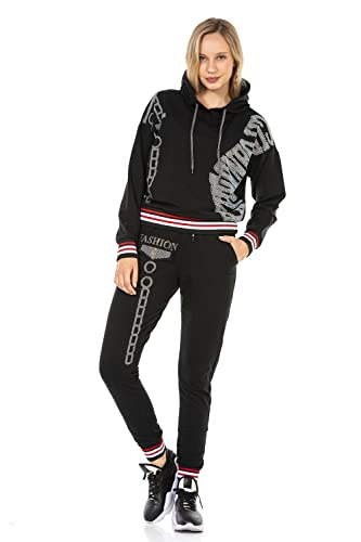 Cipo & Baxx Damen Trainingsanzug Sportanzug Freizeit Sweat Strasssteine Sweater Kapuzenjacke Pants Set WLR139 Schwarz S von Cipo & Baxx