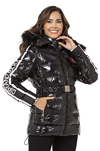 Cipo & Baxx Damen Winter Mantel Jacke Kapuze Streifen Glänzend Steppjacke Daunen WM123 Schwarz L von Cipo & Baxx