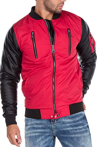 Cipo & Baxx Herren Bomberjacke Fliegerjacke Übergangsjacke mit Rockige Lederärmel Gr.L Rot von Cipo & Baxx