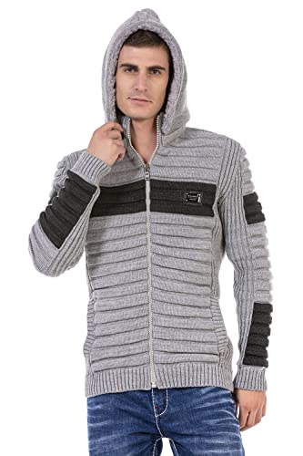 Cipo & Baxx Herren Cardigan Strickjacke Kapuze Rippen Design Grobstrick Pullover Übergangsjacke CP254 Grau-Anthracite S von Cipo & Baxx