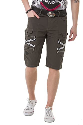 Cipo & Baxx Herren Cargo Shorts Denim Jeans Bermuda Kurzehose Capri Markenschriftzüge CK253 Khaki W34 von Cipo & Baxx