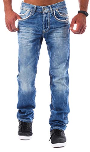 Cipo & Baxx Herren Denim Jeans Hose Kontrast Optik Nähte Vintage Look Straight Leg Cut Regular Fit C-0595, Grösse:W32/L30, Farbe:Blau von Cipo & Baxx