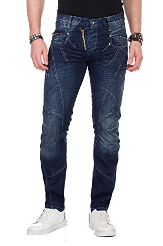 Cipo & Baxx Herren Denim Jeans Hose mit schräg verlaufendem Reißverschluss Vintage Look Pants Straight Leg Regular Fit, Grösse:W38/L36, Farbe:Dunkelblau (C-0768) von Cipo & Baxx