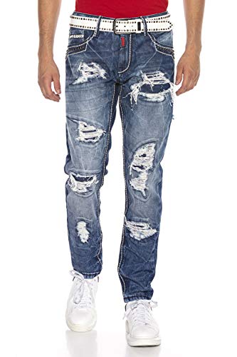 Cipo & Baxx Herren Destroyed Jeans Hose Denim Regular Fit Jeanshose Straight Nieten Bikerhose CD644 Blau W36 L32 von Cipo & Baxx