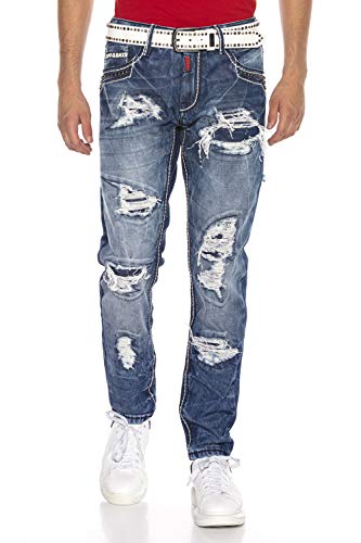 Cipo & Baxx Herren Destroyed Jeans Hose Denim Regular Fit Jeanshose Straight Nieten Bikerhose CD644 Blau W38 L32 von Cipo & Baxx