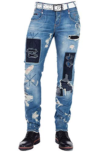 Cipo & Baxx Herren Destroyed Jeans Hose Slim Fit Frayed Used Denim mit Flicken und Ziernähte Blau W31 L34 von Cipo & Baxx