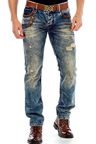 Cipo & Baxx Herren Destroyed Used Frayed Straight Fit Jeans Hose mit Farbige Stickerei Blau W36 L32 von Cipo & Baxx