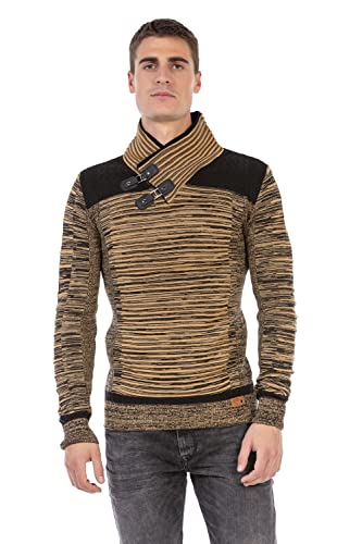 Cipo & Baxx Herren Fein Strick Pullover Grob Schalkragen Riemen Meliert Pulli Sweater CP251 Camel-Schwarz S von Cipo & Baxx