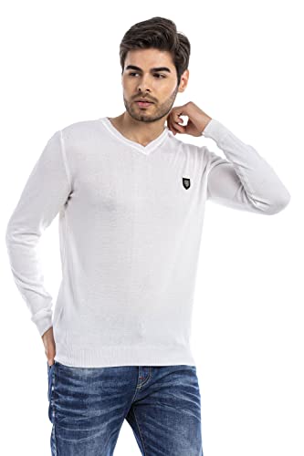 Cipo & Baxx Herren Feinstrickpullover Strick Sweater V-Ausschnitt Pullover CP242 Weiß L von Cipo & Baxx