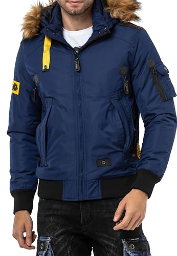 Cipo & Baxx Herren Freizeitjacke Bomberjacke Collegejacke Kapuze Fell Reißverschluss Jacke Outdoorjacke CM220 Dunkelblau XXL von Cipo & Baxx