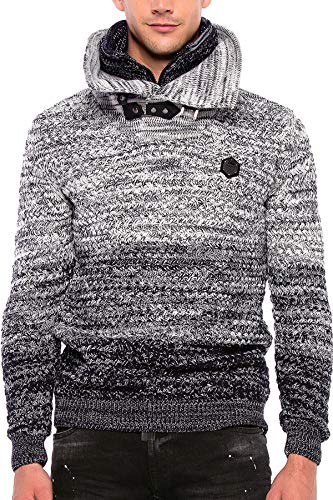 Cipo & Baxx Herren Grobstrick Pullover Strickpullover Doppeltem Stehkragen Muster Design Meliert Sweatshirt Pulli Dunkelblau-Grau S von Cipo & Baxx