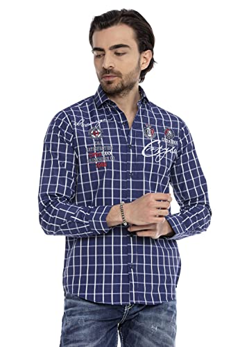 Cipo & Baxx Herren Hemd Regular Fit Bestickt Kariert Karohemd Freizeithemd Langarm CH183 Dunkelblau S von Cipo & Baxx