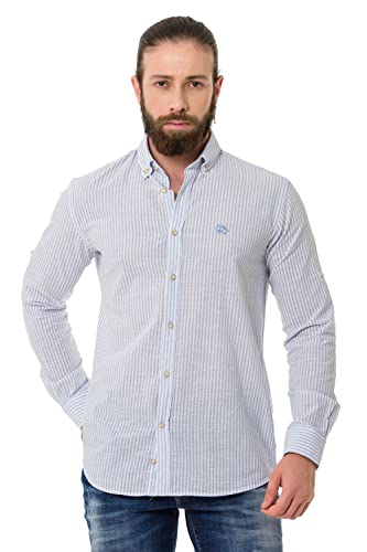 Cipo & Baxx Herren Hemd Streifen Langarm CH194 Leinen Baumwolle Blau XL von Cipo & Baxx