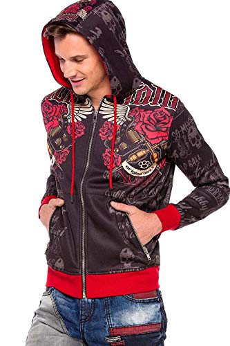 Cipo & Baxx Herren Hoodie Kapuzenjacke-Pullover Sweatjacke Sweatkapuzenjacke Alloverprint Bikerstil Jacke Schwarz S von Cipo & Baxx