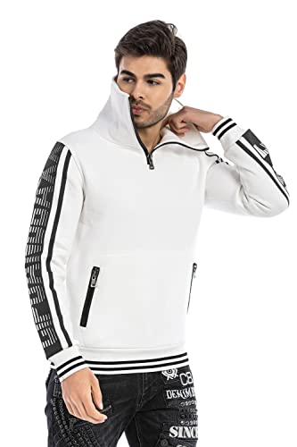 Cipo & Baxx Herren Hoodie Stehkragen Sweatshirt Pullover Sweater Reißverschluss Langarm CL463 Weiß S von Cipo & Baxx