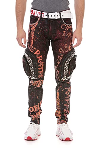 Cipo & Baxx Herren Hose Jeans Denim Ausgefallen Allover Design Nieten Jeanshose Pants CD693 Burgundy W33 L34 von Cipo & Baxx