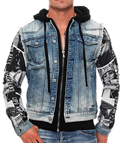 Cipo & Baxx Herren Hybrid-Denimjacke CJ-124 Blau - Klassische Denim, Sport Verschiedene Jackenmodelle - Sweat-Kapuze und Sweatärmeln - mit Modernen Komfort-Details - CJ-124 Blau XL von Cipo & Baxx