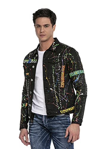 Cipo & Baxx Herren Jeansjacke CJ262 Schwarz – Auffällige Denim Jacke im Modernen Design mit Farbspritzern, Prints & Nieten – Stylische Übergangsjacke für Alltag, Freizeit & Party – CJ262 Schwarz M von Cipo & Baxx