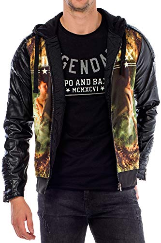 Cipo & Baxx Herren Jacke Kapuzenjacke Foto Print Überjangsjacke Sweatjacke Kunstleder Jacke Übergangsjacke Collagejacke Schwarz XXL von Cipo & Baxx