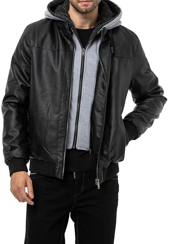 Cipo & Baxx Herren Jacke Kunstleder Sweatkapuze Reißverschluss 2 in 1 Optik mit Plüschfutter Übergangsjacke CM214 Schwarz L von Cipo & Baxx