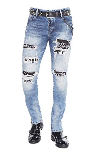Cipo & Baxx Herren Jeans Destroyed-Look Used Zerrissen Rockig Skinny Denim Jeanshose CD417 W33 L32 Blau von Cipo & Baxx
