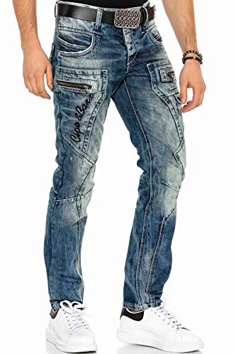 Cipo & Baxx Herren Jeans Doppelter Bund Regular Fit Vintage Hose Denim Straight Fit Jeanshose C-1148 W30 L34 Blau von Cipo & Baxx