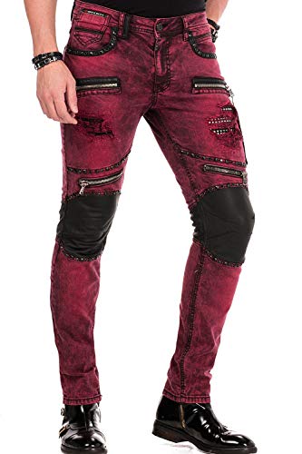 Cipo & Baxx Herren Jeans Hose Biker Hose Destroyed Slim Fit Design Denim Jeanshose Kunstleder Nieten Burgundy W33 L32 von Cipo & Baxx