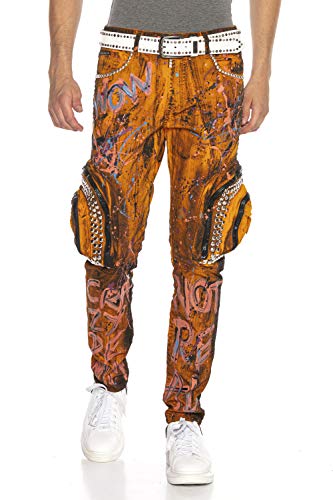 Cipo & Baxx Herren Jeans Hose Denim Farbgespritzt Regular-Straight Fit Ausgefallen Cargotasche Nieten Pants Men Jeanshose CD634 Orange W33 L34 von Cipo & Baxx