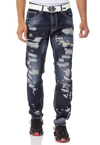 Cipo & Baxx Herren Jeans Hose Denim Regular Fit Destroyed Jeanshose CD843 Dunkelblau W36 L32 von Cipo & Baxx