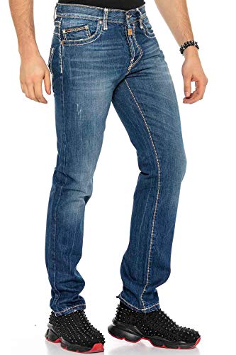 Cipo & Baxx Herren Jeans Hose Designer Hose Denim Straight Fit Freizeit Jeanshosen C-0688 W29 L30 Blau von Cipo & Baxx