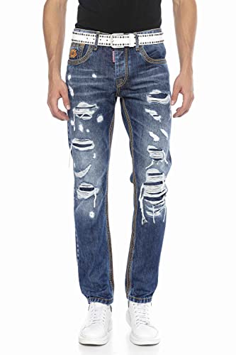 Cipo & Baxx Herren Jeans Hose Destroyed Straight Fit CD670 Blau Cut Outs Ausgefranst Used Denim W29 L34 von Cipo & Baxx