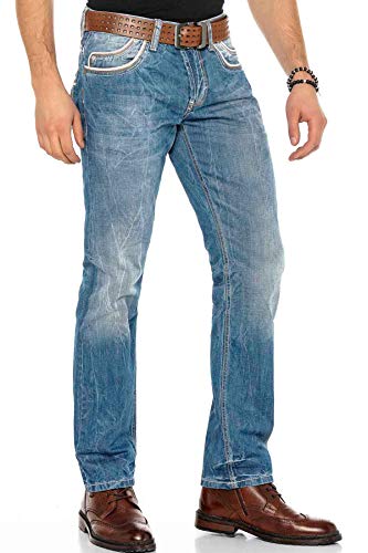 Cipo & Baxx Herren Jeans Hose Dicke Naht Modern Denim Slim Fit Jeans Regular-Fit Straight Hose C-0595 W29 L30 Blau von Cipo & Baxx