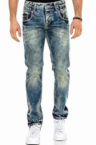 Cipo & Baxx Herren Jeans Hose Regular Fit Denim Vintage Dicke Naht Straight Jeanshose C-1149 W28 L32 Blau von Cipo & Baxx