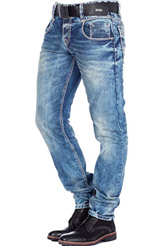 Cipo & Baxx Herren Jeans Hose Regular Fit Denim Vintage Dicke Naht Straight Jeanshose C-1149 W29 L32 Blau von Cipo & Baxx