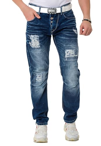 Cipo & Baxx Herren Jeans Hose Regular Fit Destroyed Knopfleiste CD838 Blau W36 L32 von Cipo & Baxx