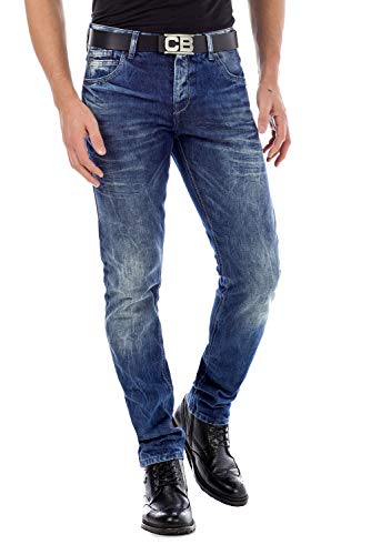 Cipo & Baxx Herren Jeans Hose Straight Fit Verwaschen Denim Hose Men Freizeit Pants Blau W31 L34 von Cipo & Baxx