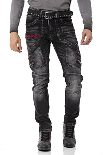 Cipo & Baxx Herren Jeans Hose Reißverschluss Straight Fit Kunstleder Denim Pants CD795 Schwarz W31 L34 von Cipo & Baxx