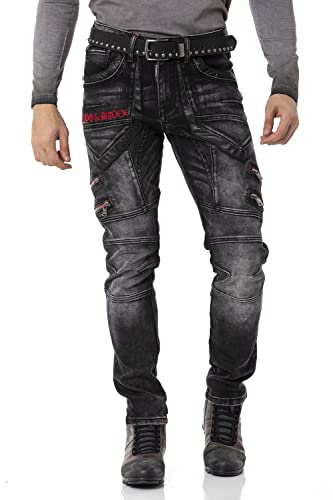 Cipo & Baxx Herren Jeans Hose Reißverschluss Straight Fit Kunstleder Denim Pants CD795 Schwarz W38 L34 von Cipo & Baxx
