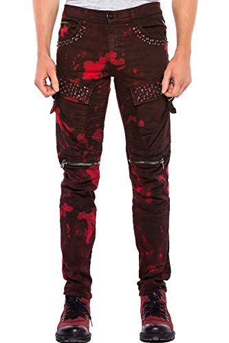 Cipo & Baxx Herren Jeans Hose Ripped Slim Fit Biker Jeans Denim Zipper Nieten Jeans Hose Burgundy W38 L32 von Cipo & Baxx