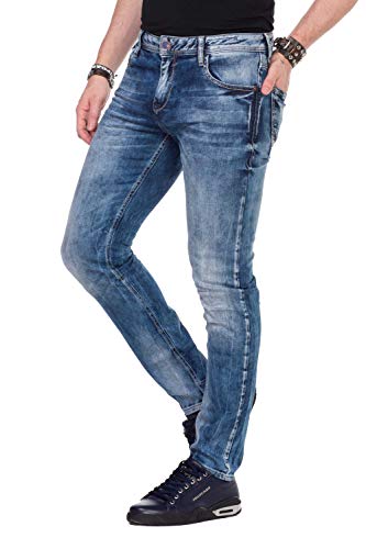 Cipo & Baxx Herren Jeans Hose Straight Fit Kontrastnaht Regular Denim Pants Freizeithose Blau W32 L34 von Cipo & Baxx