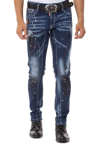 Cipo & Baxx Herren Jeans Hose Straight Fit Denim Farbkleckse Regular Fit Jeanshose CD783 Blau W42 L32 von Cipo & Baxx