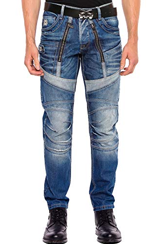 Cipo & Baxx Herren Jeans Hose Straight Fit Regular Ausgefallen Denim Reißverschluss Hose Jeanshose Blau W33 L32 von Cipo & Baxx